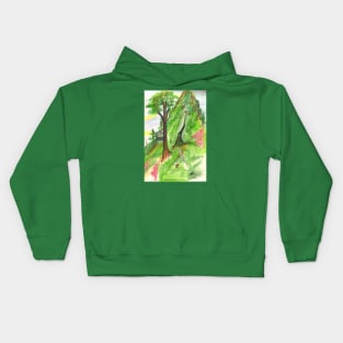 Green Grass Forest Land Trees Cave Mountain Woods Pink Sky Rock Colored Pencil Kids Hoodie